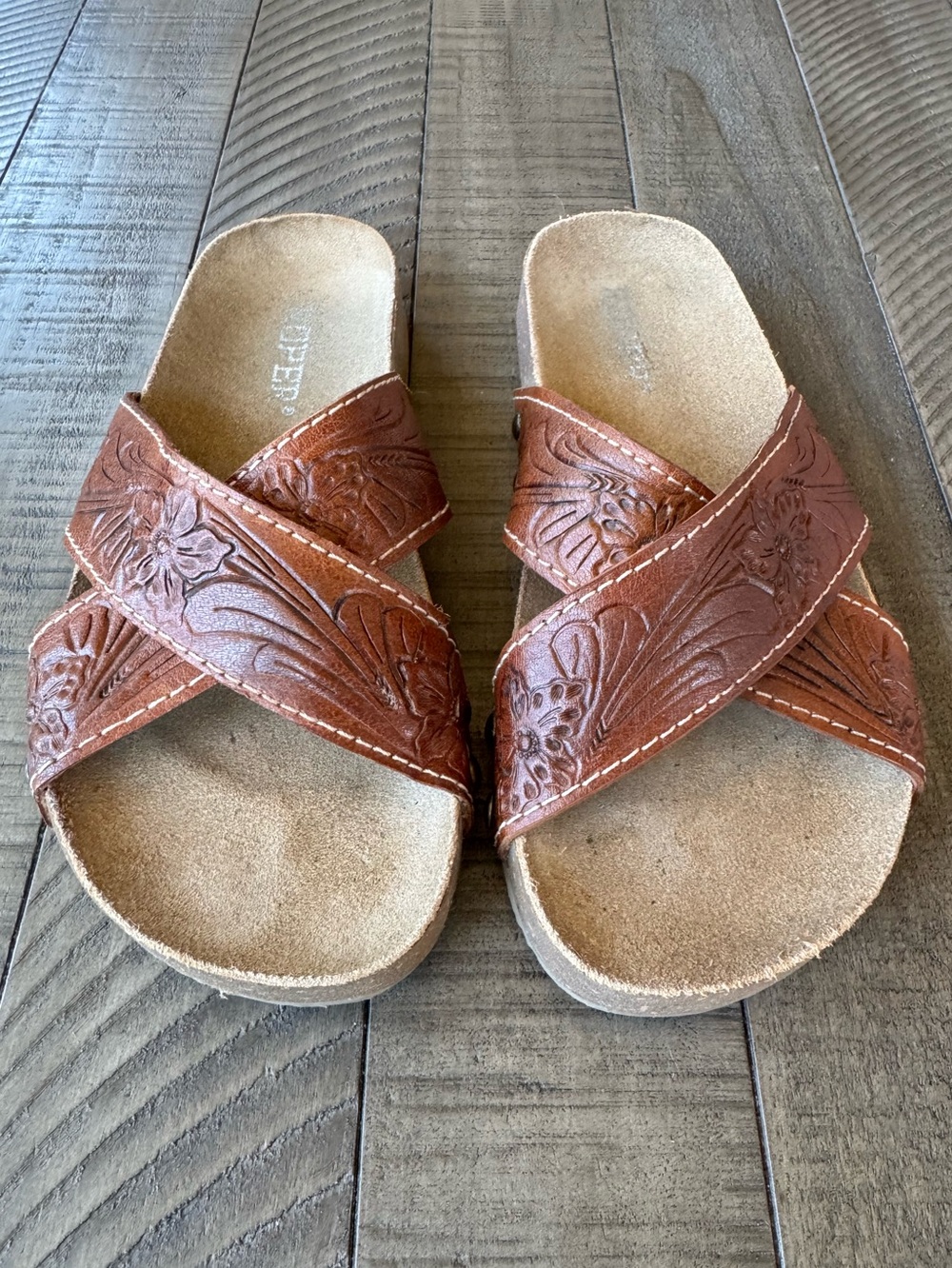 Roper Delaney Floral Tooled Leather Cross Strap Sandals Women's Size 6